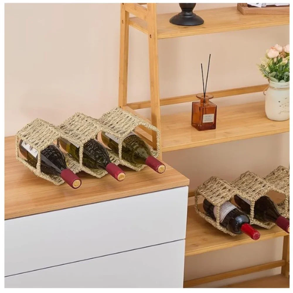 NEMSHIN Natural Seagrass Handmade Tabletop Wine Holder Bottle Rack 1 Layer
